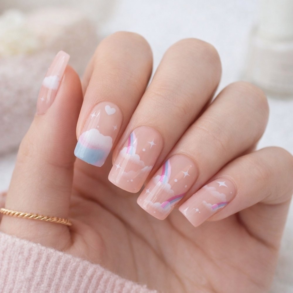 Rainbow Cloud Press On Nails 24pcs Cute Pastel Nail Art DIY False Nails